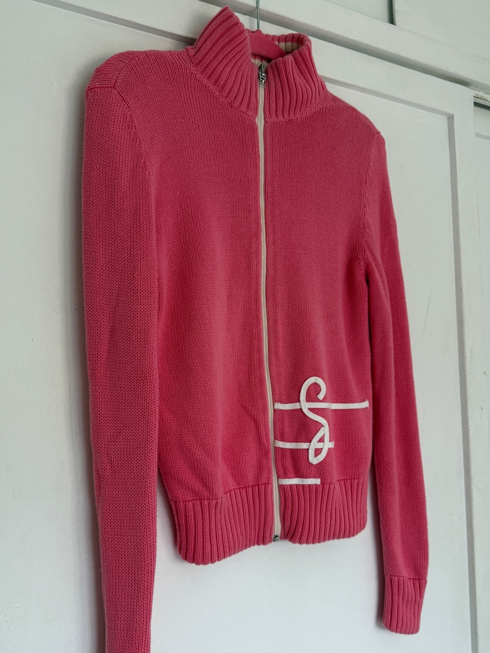 Miss Sixty Double- sided Cotton Pink Zip-Front Knit Sweater